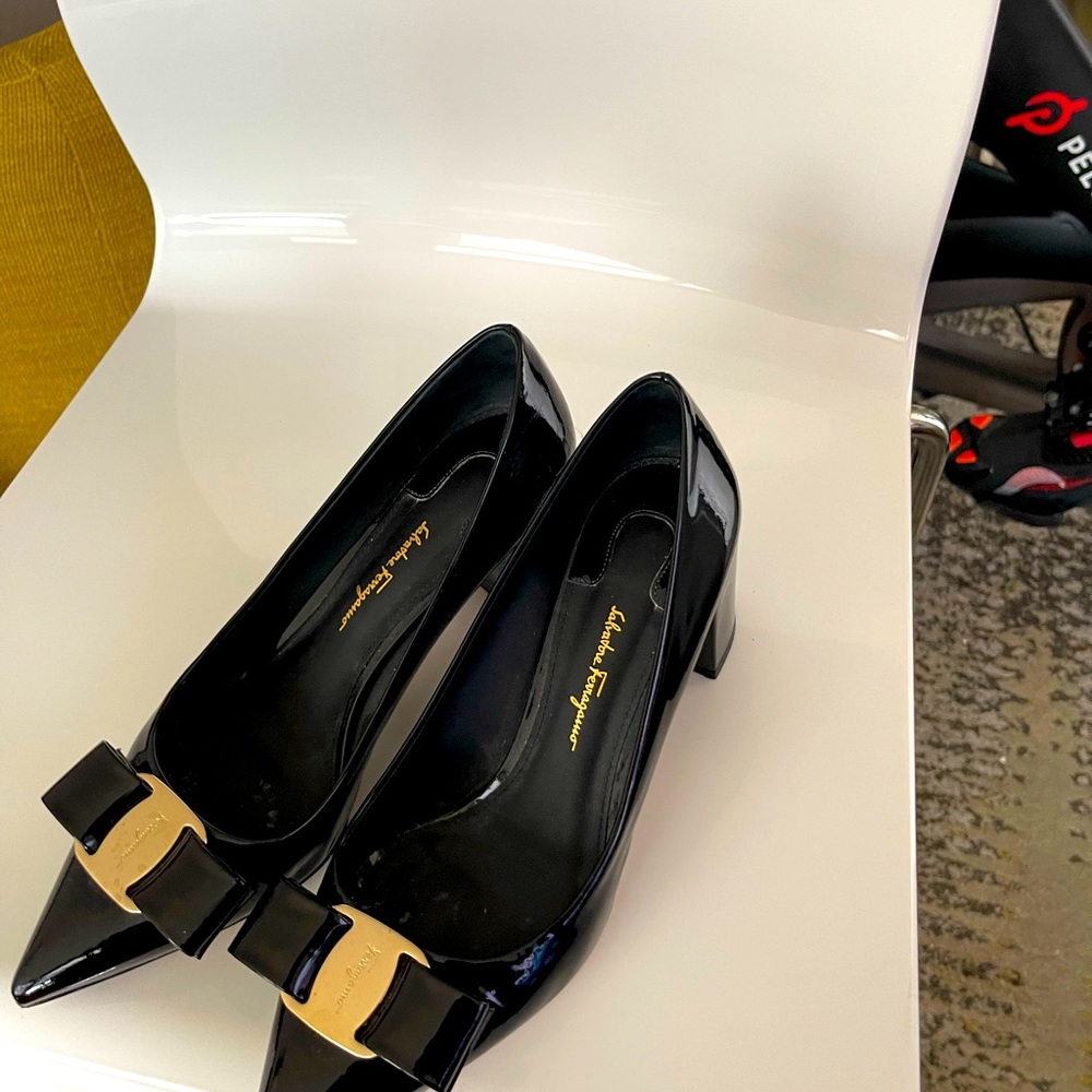 Ferragamo Black Patent Block Heels